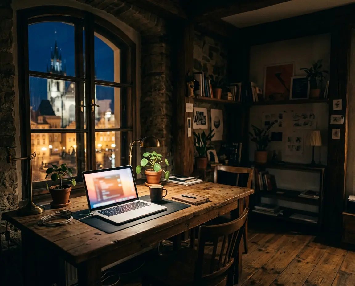 Prázdné studio v noci, na stole svítí notebook, za oknem noční Praha